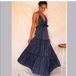 Lulu's Navy and Gray Striped vacay babe Maxi Dress size small NWT 100% cotton